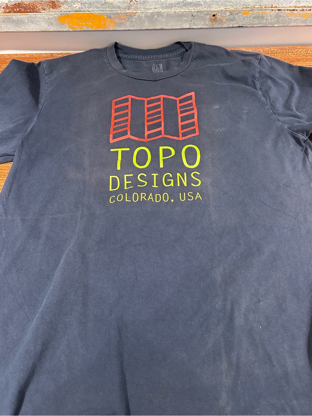 Topo Designs Navy Short Sleeve Tee with Red Map and Neon Yellow Logo